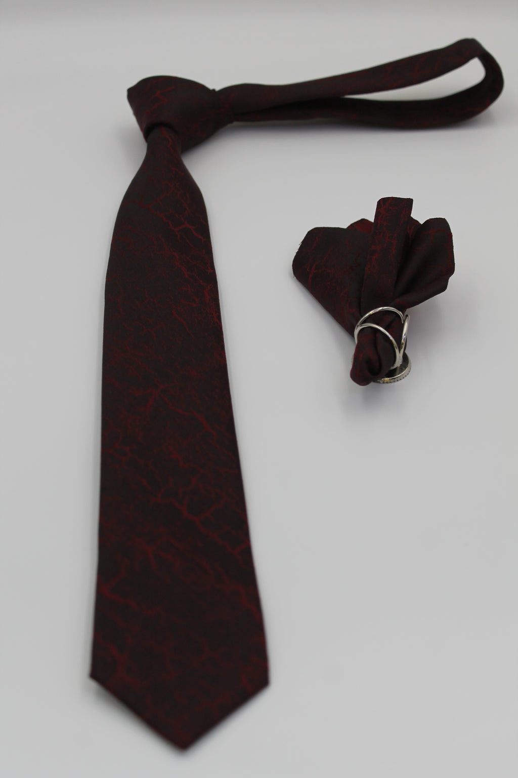 Bordo & Siyah Mermer Desenli Mendilli Kravat 3129