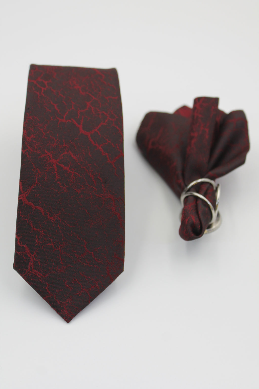 Bordo & Siyah Mermer Desenli Mendilli Kravat 3129