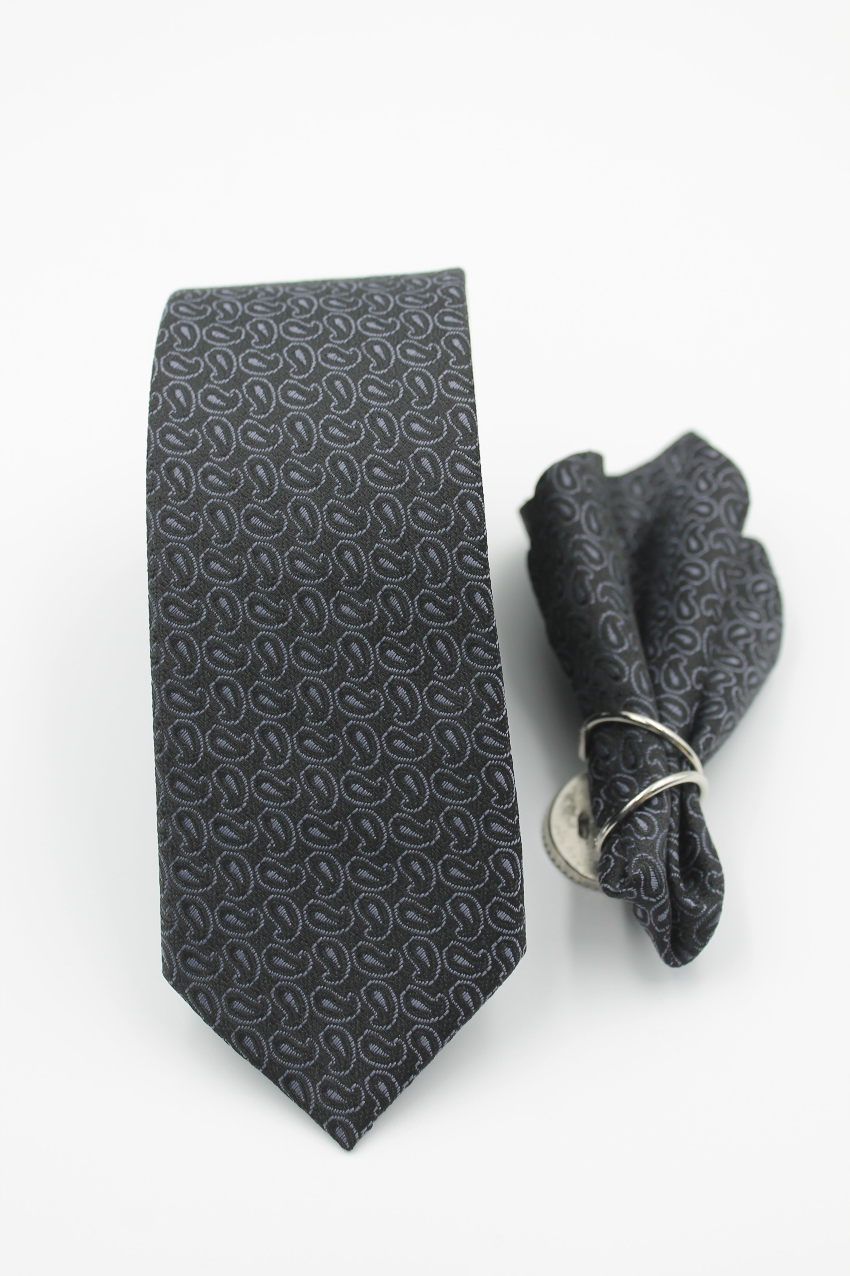 Siyah & Füme Mikro Şal Desenli Jakarlı Mendilli Kravat 3121
