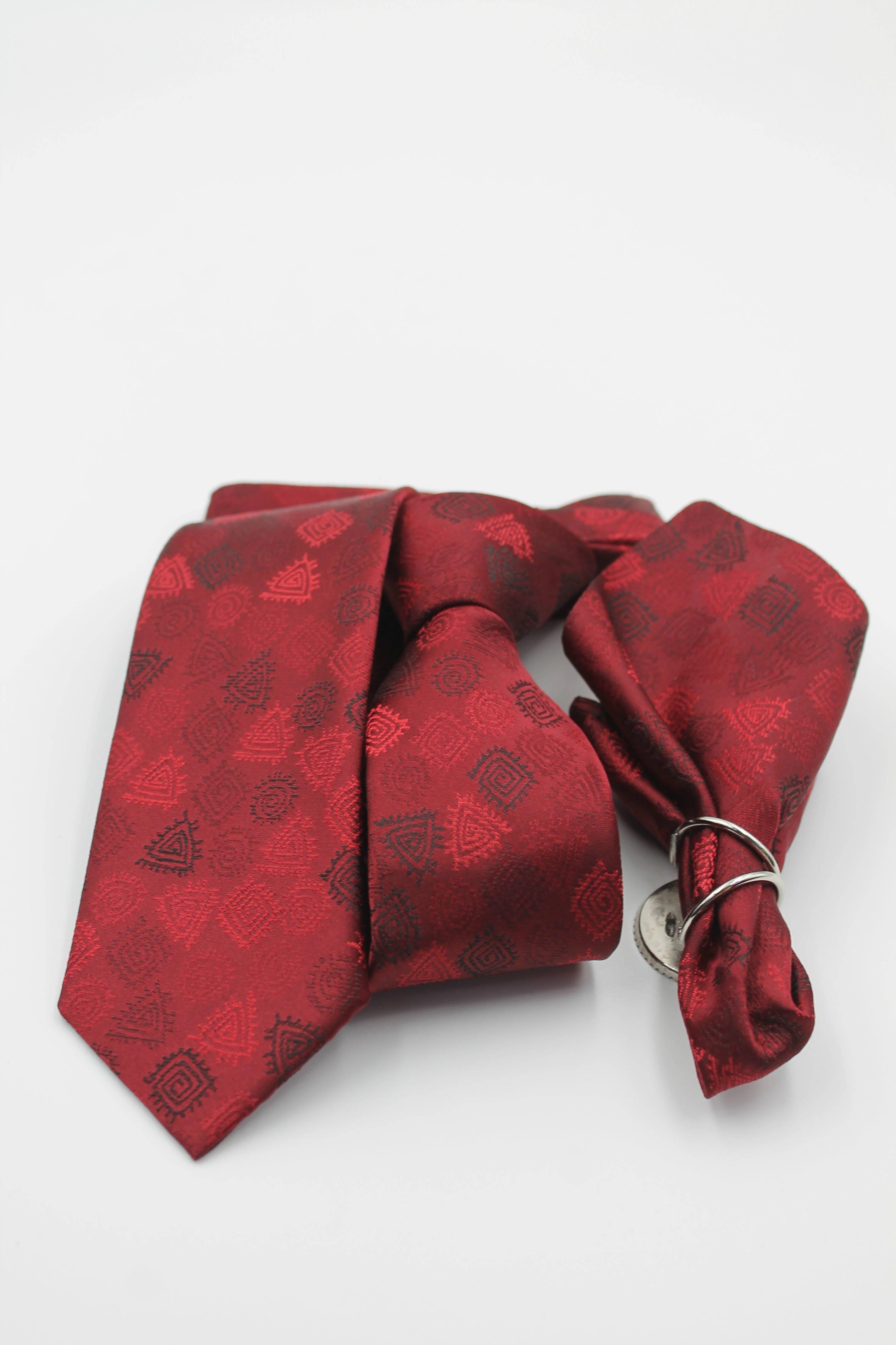 Bordo & Siyah Geometrik Desenli Mendilli Kravat 3139