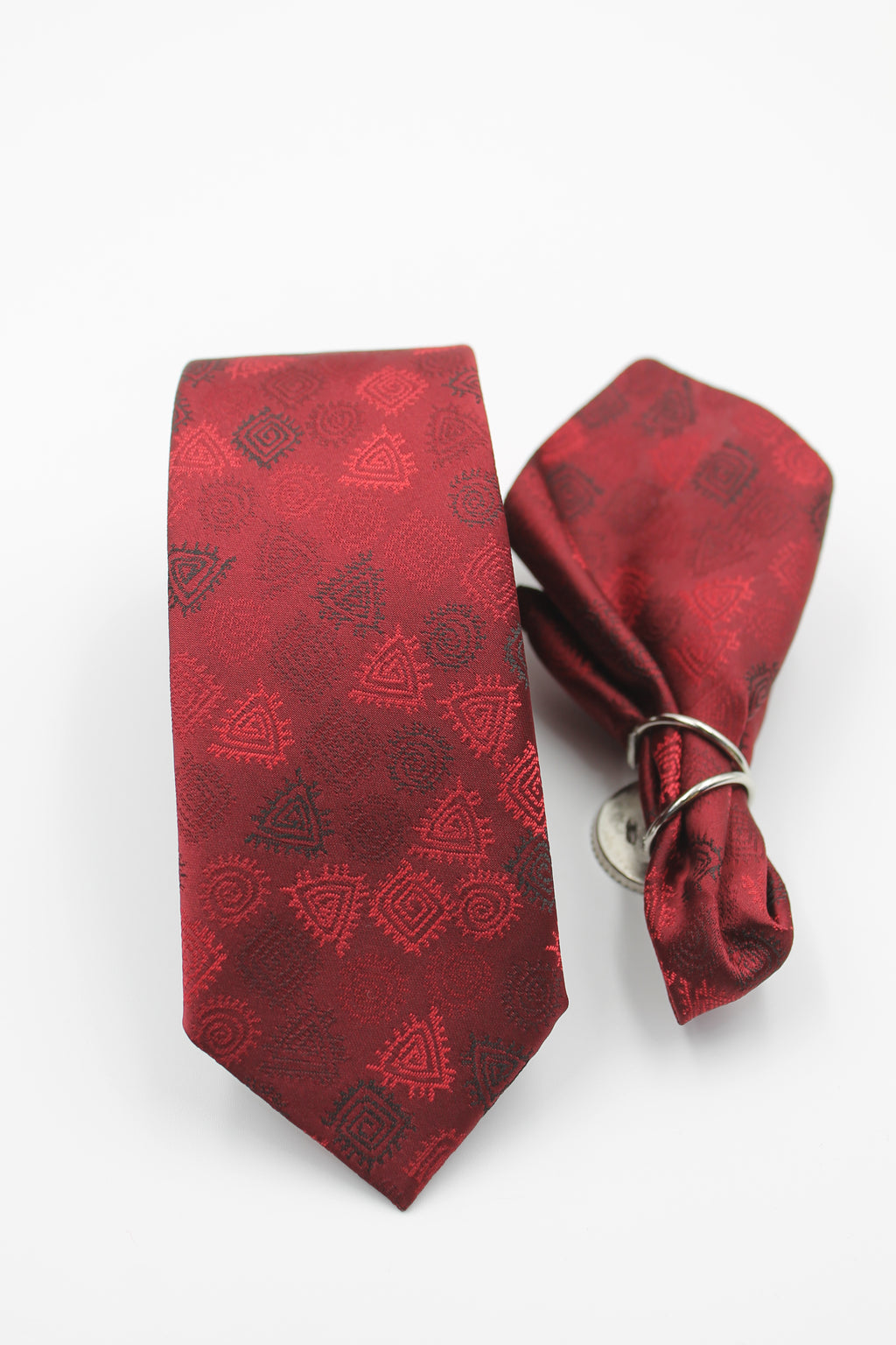 Bordo & Siyah Geometrik Desenli Mendilli Kravat 3139