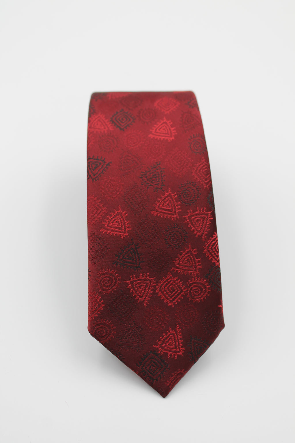 Bordo & Siyah Geometrik Desenli Mendilli Kravat 3139
