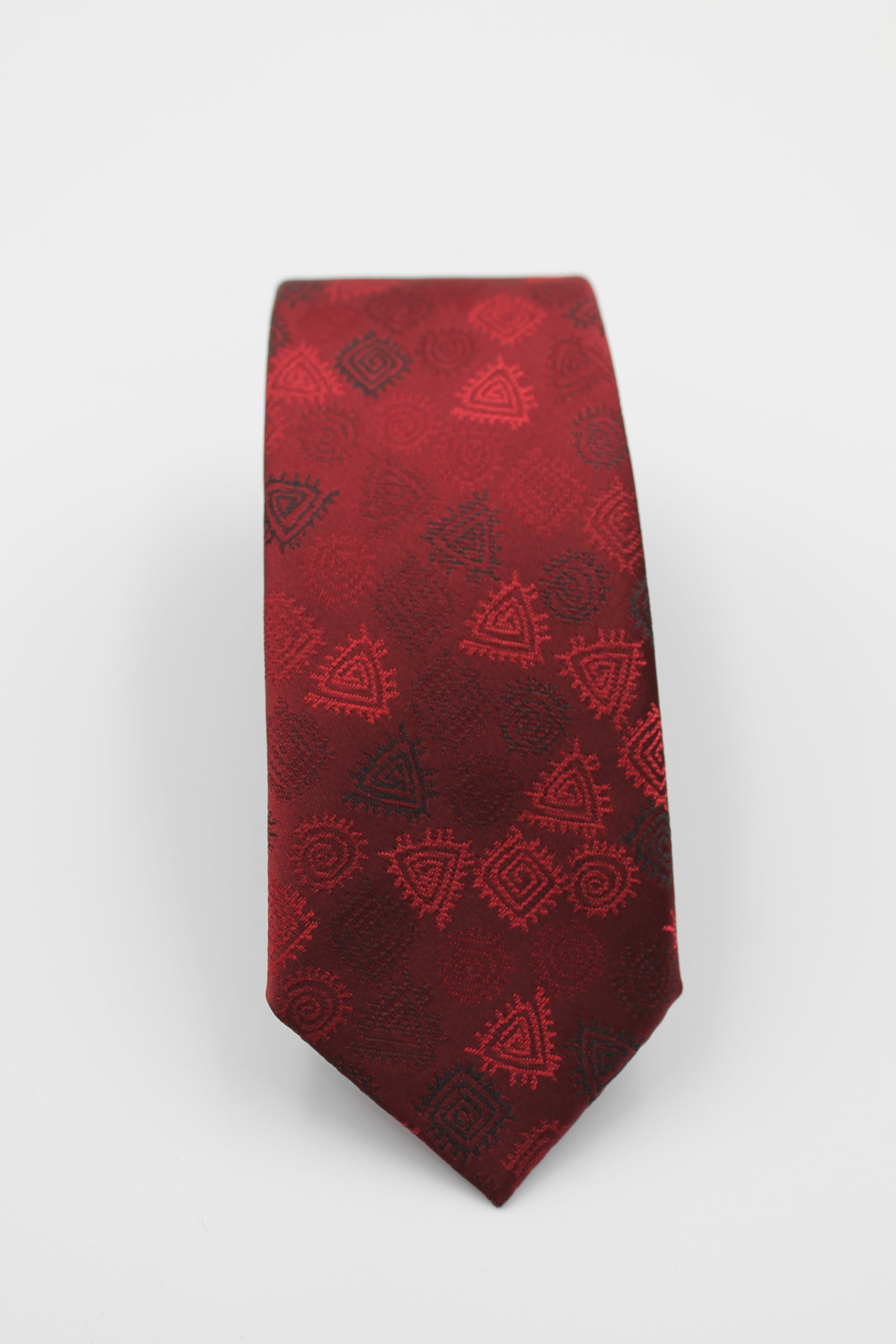 Bordo & Siyah Geometrik Desenli Mendilli Kravat 3139